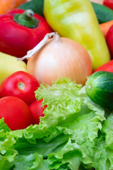 Vegetables: lettuce, onions, tomatoes, cucumbers, onions, carrots, red sweet peppers.