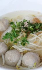 Clear water noodles with meat ball in white bowl.