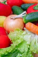 Vegetables: lettuce, onions, tomatoes, cucumbers, onions, carrots, red sweet peppers.