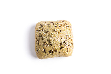 Bread with flaxseed, oats and sesame seeds on a white background
