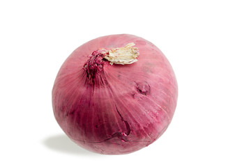 Single fresh whole red onion on white