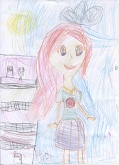 Children`s pencil drawings. Portrait of a girl.	