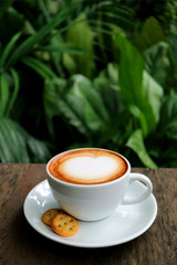 Vertical Photo of a Cup of Hot Cappuccino Coffee with Cookies Served on Wooden Table with Blurred Green Foliage in Background 