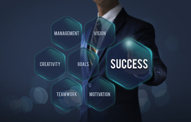 Key to success concept for business and finance. Businessman is pointing on the hexagon message...