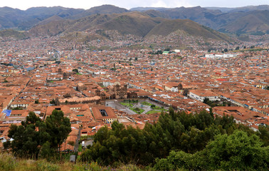 Fototapeta na wymiar Stunning aerial view of Plaza de Armas and city center of Cusco seen from Sacsayhuaman citadel, UNESCO World Heritage Site in Peru 