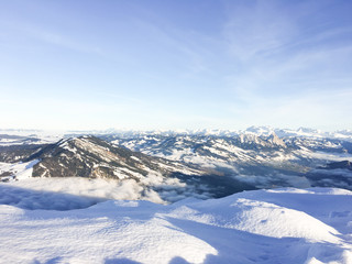 Landscape and nature at Grindelwald valley with clouds,blue sky and snow covered in winter season alpine Switzerland.