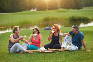 Mature people having tea party on the grass. Drinking and smiling sitting outdoor on the lawn.