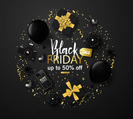 Black friday sale background with flowers, smartphone, hearts,balloons, gift boxes and gold serpentine. Modern design.Universal vector background for poster, banners, flyers, card.