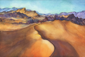 Mountain landscape - the sand dunes in the desert on sunset, panoramic view. Beautiful rocks and yellow sand desert. Watercolor hand drawn painting illustration. © arxichtu4ki