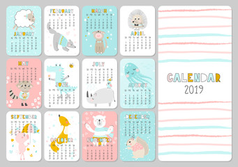 Monthly creative calendar 2019 with cute animals. Concept, vector vertical editable template. Symbol of the year in the Chinese calendar. Funny cartoon characters.Vector illustration.