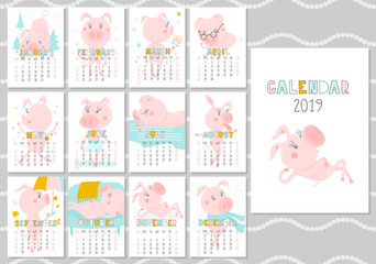 Monthly creative calendar 2019 with cute pig. Concept, vector vertical editable template. Symbol of the year in the Chinese calendar. Funny cartoon characters.Vector illustration.