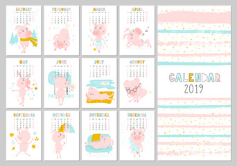Monthly creative calendar 2019 with cute pig. Concept, vector vertical editable template. Symbol of the year in the Chinese calendar. Funny cartoon characters.Vector illustration