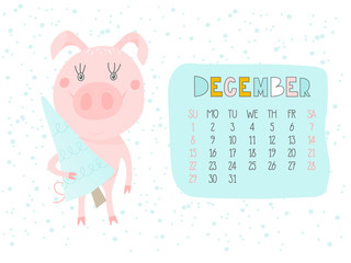 Creative calendar for December 2019 with cute pig. Concept, vector vertical editable template. Symbol of the year in the Chinese calendar. Funny cartoon characters.Vector illustration