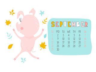 Creative calendar for September 2019 with cute pig. Concept, vector vertical editable template. Symbol of the year in the Chinese calendar. Funny cartoon characters.Vector illustration