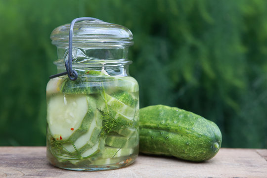 Refrigerator Cucumber Pickles In A Jar Against A Green Dill Background