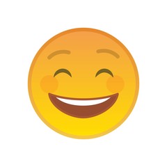 Laughing emoticon isolated on white background. Cheerful yellow emoji symbol. Social communication and internet chatting vector element. Glad smile face with facial expression in flat style.