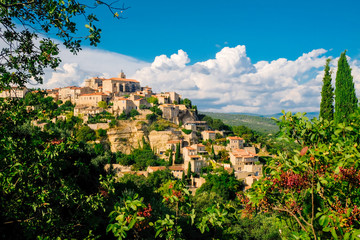 Panoramic view of Gordes, a small medieval town in Provence, France. A view of the ledges of the roof of this beautiful village.
