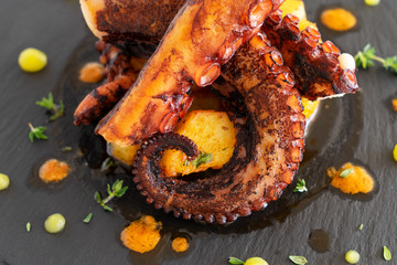 Cooked octopus dish served on black plate © neirfy
