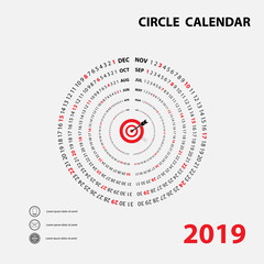 2019 Calendar Template.Circle calendar.Calendar 2019 Set of 12 Months.Yearly calendar vector design stationery template.Happy New Year 2019 background.Vector illustration.