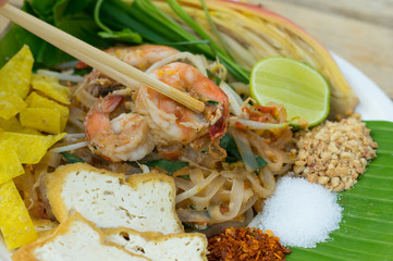 Pad Thai (Thai  noodle) with tofu and shrimp.
