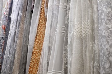 Various textile fabrics on display in the store