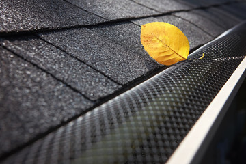Plastic guard over gutter on a roof with a leaf stuck on the outside - obrazy, fototapety, plakaty