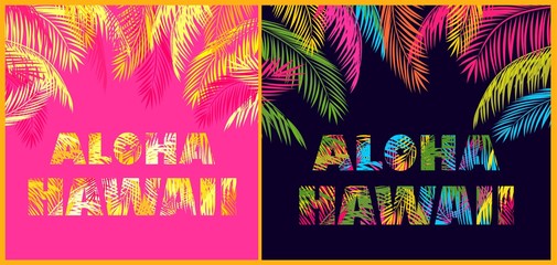 T-shirt prints variation with Aloha Hawaii lettering and coconut palm leaves on pink and black background - obrazy, fototapety, plakaty