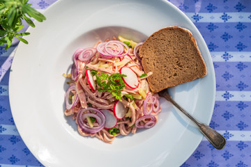 Schweizer Wurstsalat mit Käse und Lyoner Wurst im Biergarten mit Bauerbrot serviert