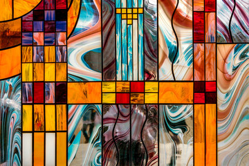 image of a multicolored stained glass window with an irregular block pattern, an abstract pattern...