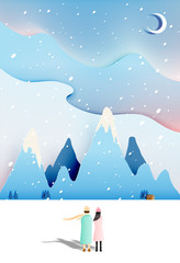 Cute couple with snow landscape in paper art style