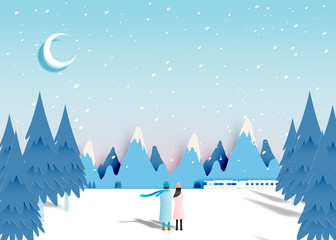 Cute couple with snow landscape in paper art style