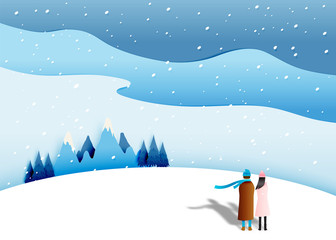 Cute couple with snow landscape in paper art style