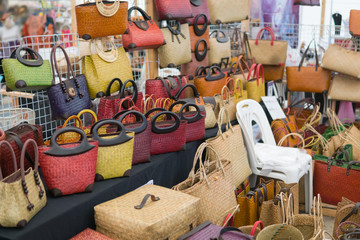 Colorful Woven Handmade Bag for Women,Thai handicraft.Shopping for straw bags in Southern of Thailand.