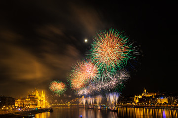 Firework over Danube river in Budapest, Hungary