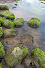 Transparent river flowing among mossy stones