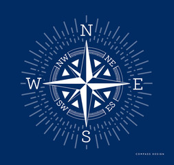 Compass illustration in flat style. Rose of the winds with starburst, sunburst ray elements