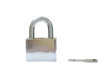 padlock and key on wooden white background