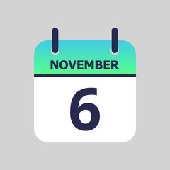 Flat icon calendar 6th of November isolated on gray background. Vector illustration.