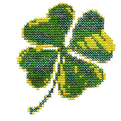 Embroidered cross-stitch green clover symbol of St. patricks, good luck, love on a white background...