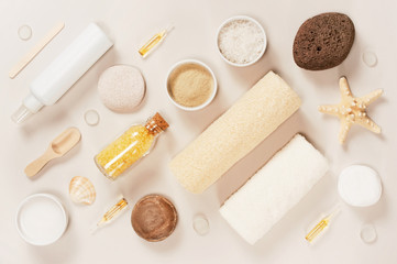Diagonal composition of bath cosmetics on the light background
