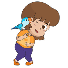 The child was playing with his good friend, that is a parrot.Vector and illustration.