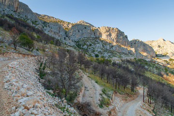 View of the shores of the Adriatic Sea and the Biokovo Mountains in the background in Croatia