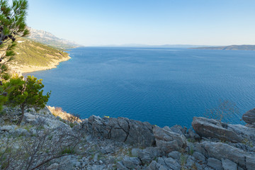View of the shores of the Adriatic Sea and the Biokovo Mountains in the background in Croatia