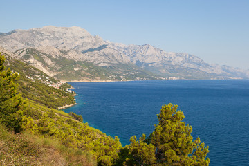 View of the shores of the Adriatic Sea and the Biokovo Mountains in the background in Croatia