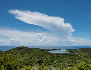 Fototapeta na wymiar Cumulonimbus Anvil Cloud Over Caribbean Sea and Green Landscape Foreground