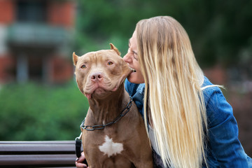 Funny owner girl biting a pit bull terrier dog on the cheek