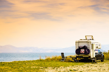 Fototapeta premium Camper car on beach. Travel
