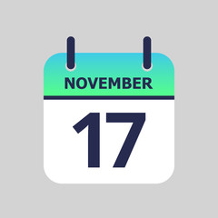 Flat icon calendar 17th of November isolated on gray background. Vector illustration.