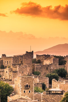 Tower houses in Vathia at sunset Greece Mani Peninsula