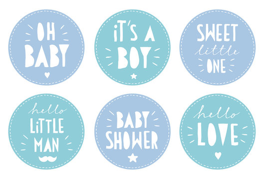 Sweet Baby Shower Vector Sticker Set. Round Blue Tags. It's a Boy. Oh Baby. Little Man. Hello Love. White Hand Written Letters in a Circle with Seam Outline. Cute Cake Toppers.